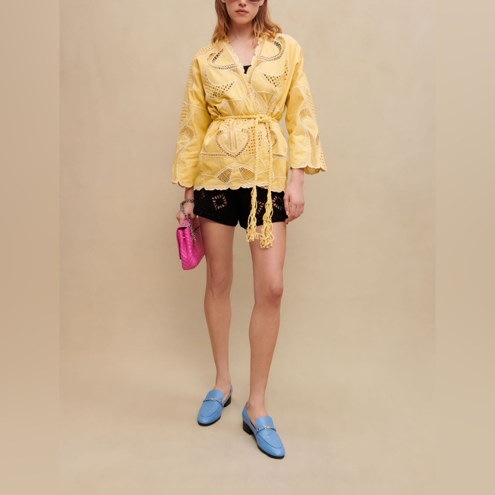 Maje Biana Embroidered Cotton Crochet Kimono Jacket Yellow Size US 8 NWT